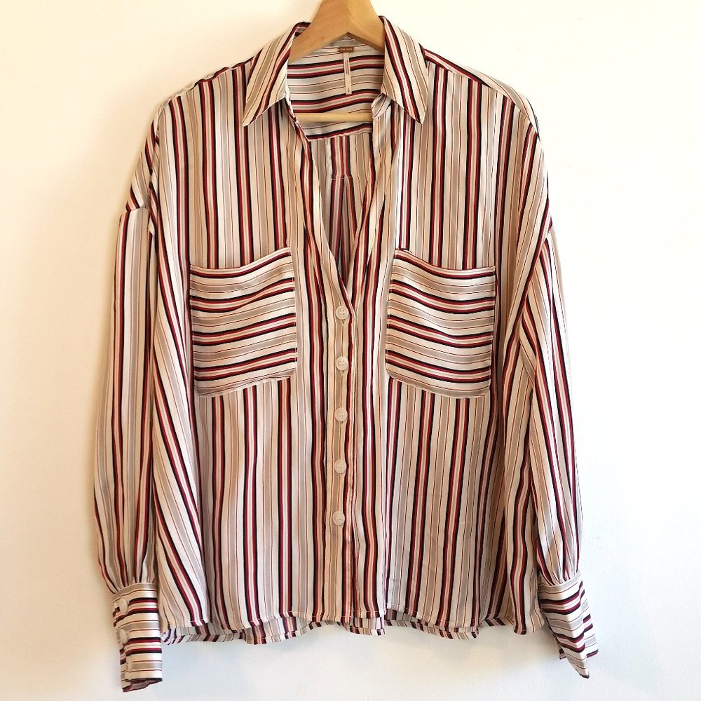 Free People Red Stripe Satin Blouse Buttons Small